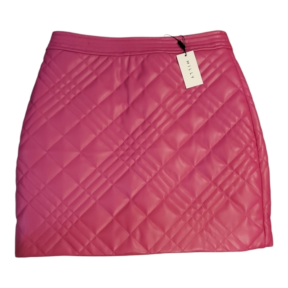 $350 NWT MILLY Hailey Quilted Vegan Leather Skirt Size 4 In Very Berry